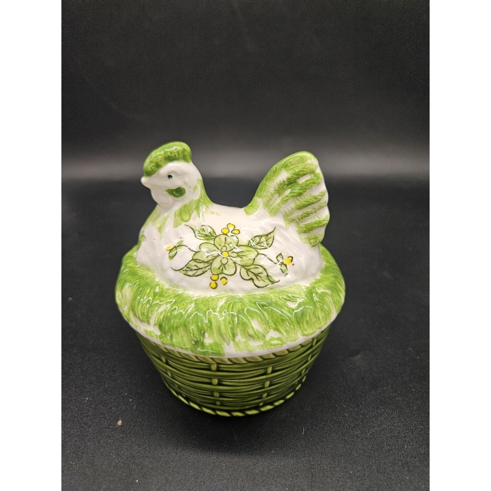 Vintage Green White Ceramic Chicken Hen On Nest Farmhouse French Country Cottage
